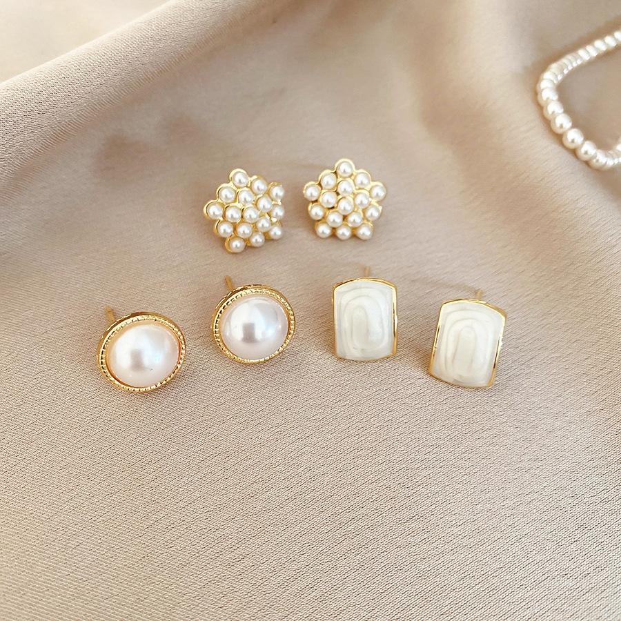 6/10/12 Pcs Simulated Pearl Round Square Stud Earrings Small French Elegant Daity Ear Studs for Women Daily Jewelry Sets F