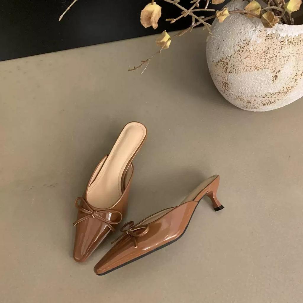 In the summer of 2025, the new bow mid-heel Muller shoes bag head half slippers women's large size high-heeled single shoes cool slippers