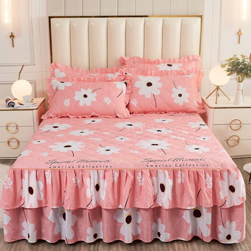 Fustă de pat prințesă matlasată cu dantelă în stil coreean – Cuvertură de pat groasă, din mătase periată, rezistentă la praf