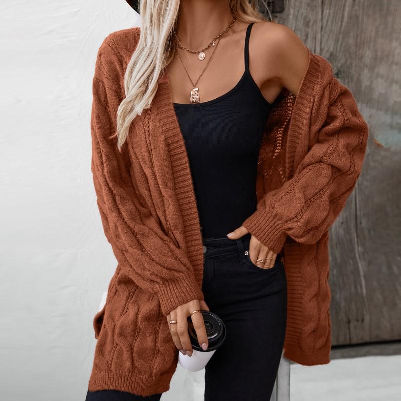 Autumn & Winter New Fashion Casual Fried Dough Twists Knot Knitted Cardigan Women's Vintage Loose Medium Length Sweater Coat