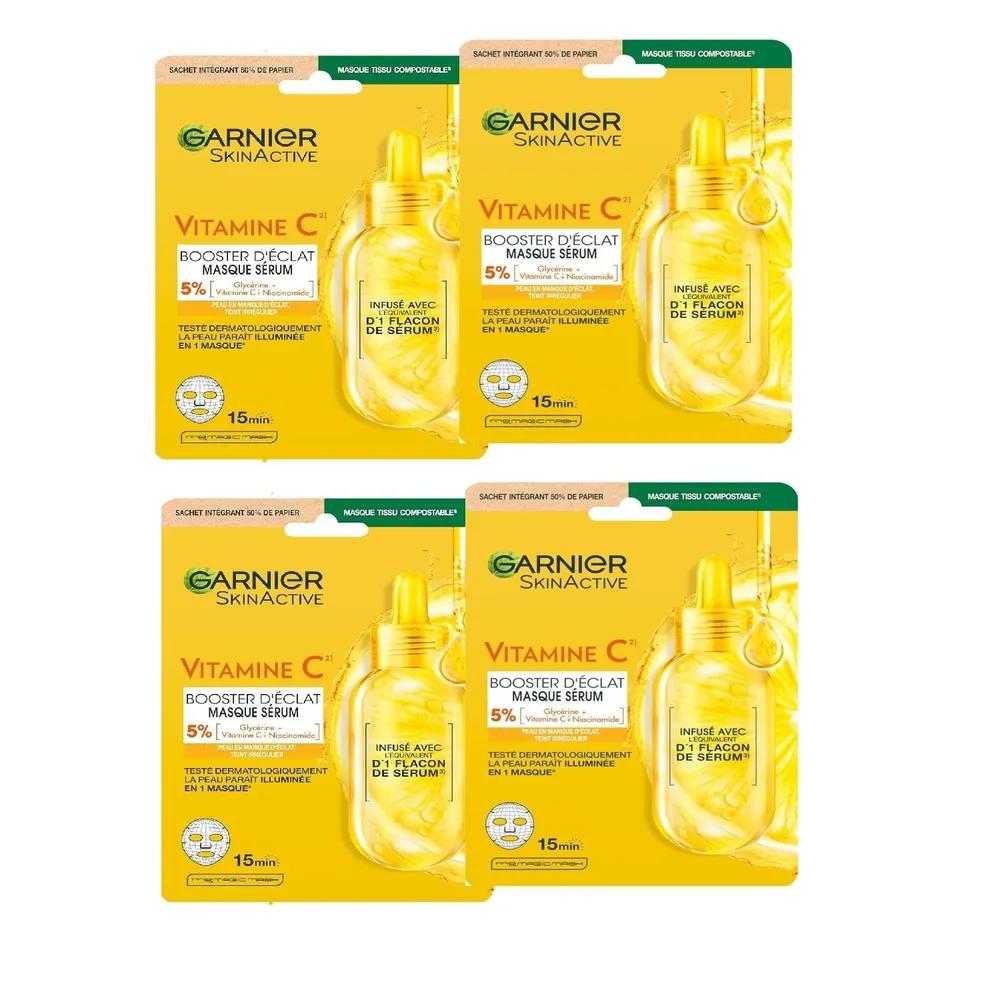Garnier SkinActive Vitamin C Sheet Mask 4-Pack Set, Hydration & Radiance, Skin Tone Even, Suitable for Sensitive Skin