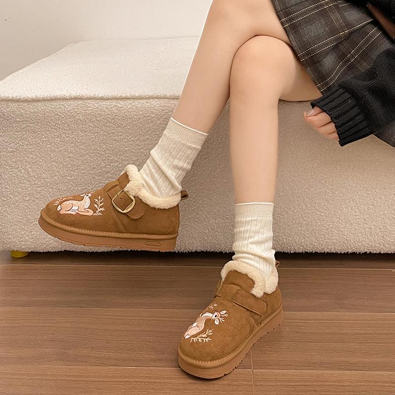 Plush Lined Clog Shoes Women Squirrel Embroidery Buckle Strap Slip On Warm Winter Flats Round Toe