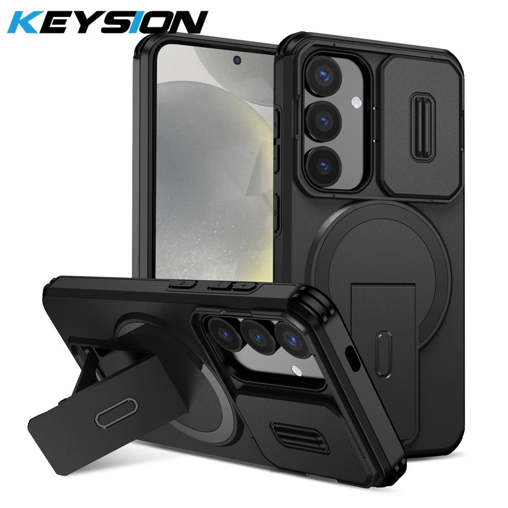 KEYSION Shockproof Magnetic Case for Samsung Galaxy S24 S25 Ultra S25+ S24 FE Slide Camera Protect Kickstand Wireless Charging Phone Cover