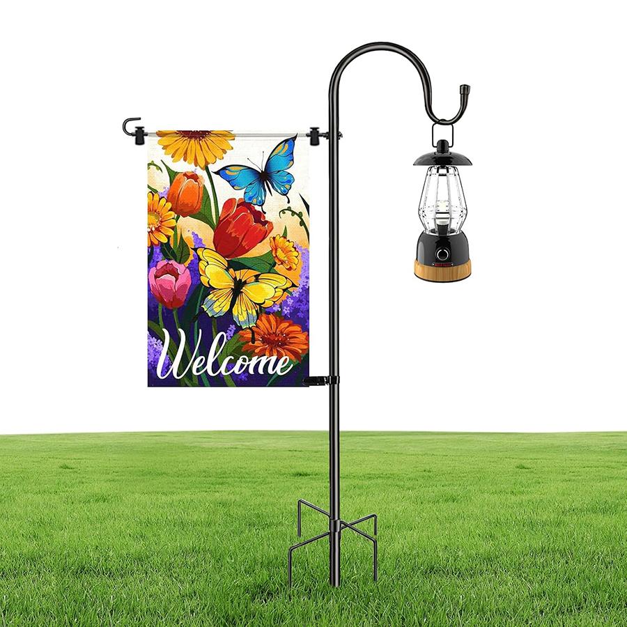 47 Zoll Gartenflaggenhalter mit 5-Fuß-Basis, Metall-Hirtenhaken, Zum Aufhängen von County-Flaggen Hirtenhaken