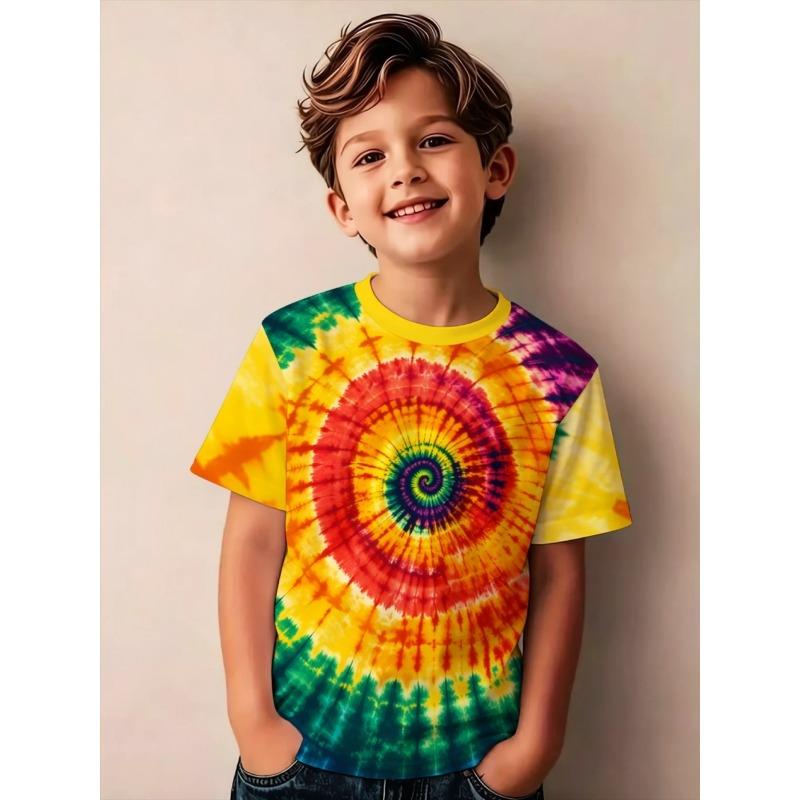 Children's Clothing Boys Spiral Tie-Dye Short Sleeve Rainbow Swirl Print Round Neck Top Summer Casual Erano Colorido Boy Clothes