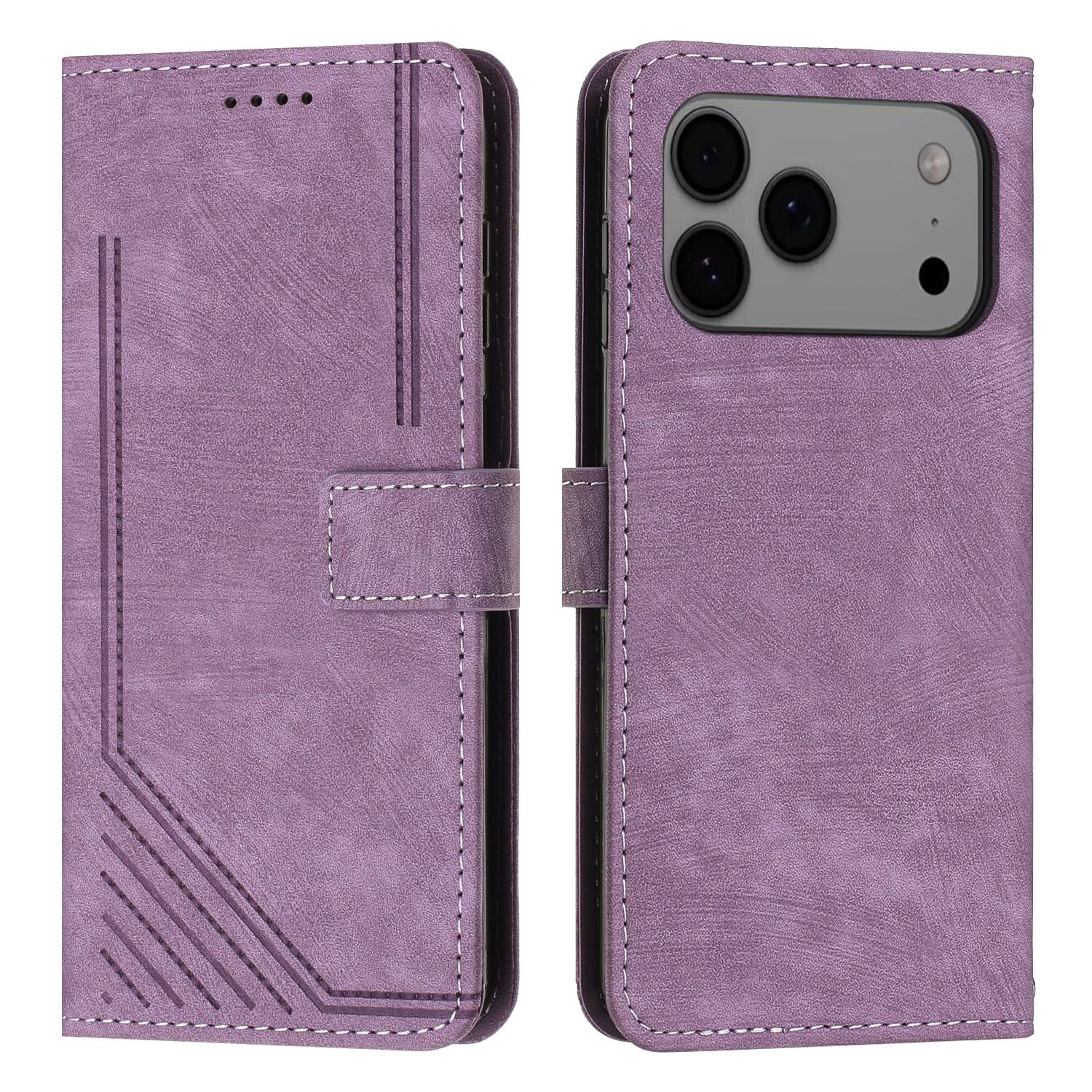 

For iPhone 17 Pro Max Stand Case Imprinted Lines Leather Phone Cover Purple