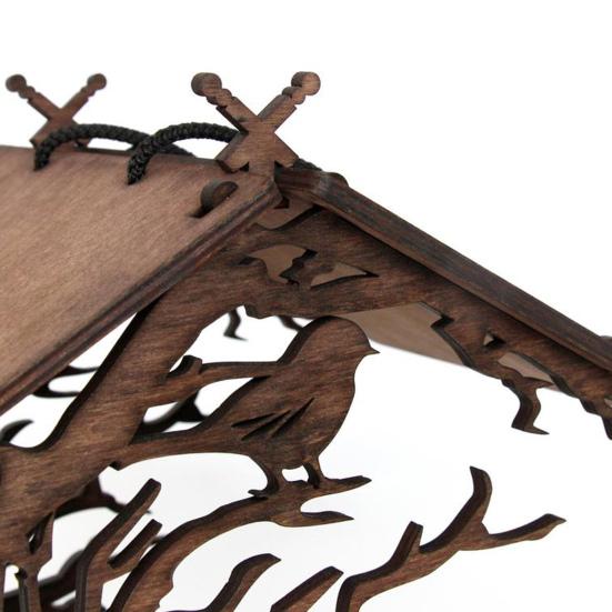 1 set Hrănitoare pentru păsări din lemn, construcție puternică rafinată, asamblată din lemn, în formă de casă, hrănitoare pentru fructe de păsări pentru grădină