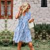 Women Chic Floral Print Loose Dress V Neck Short Sleeve Spring Autumn Fashion S-XL