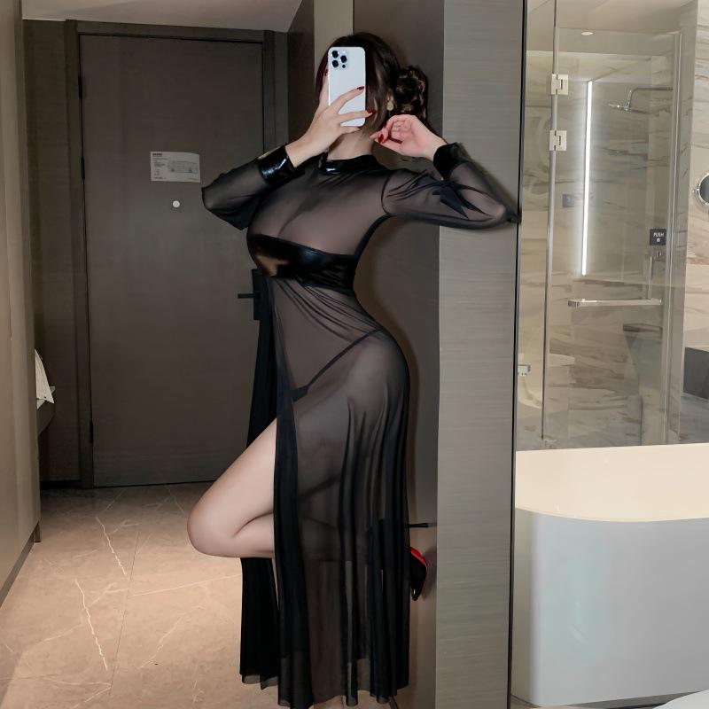 Sexy Queen See-through Mesh Leather Lingerie Long Skirt - Plus Size Temptation Robe