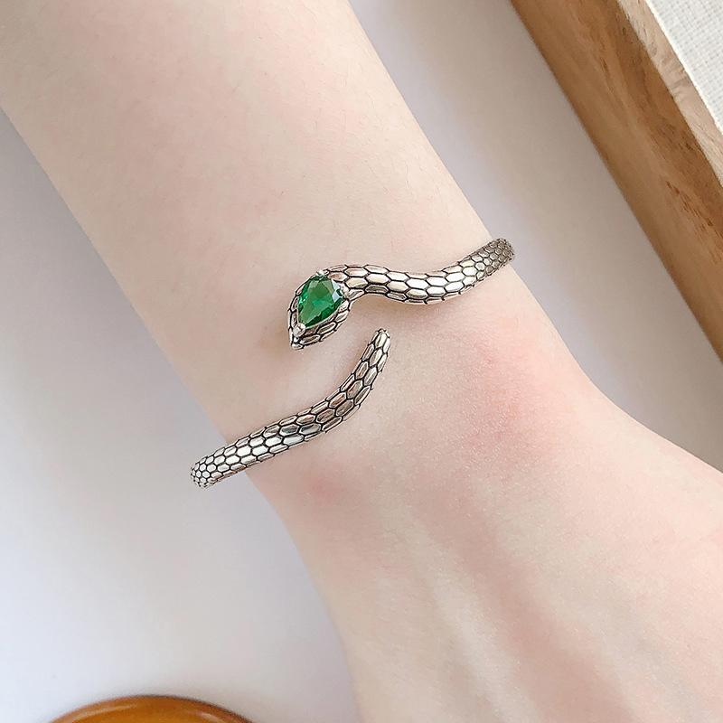 Foxanry Red Green Zircon Snake Cuff Bracelets For Women Couples Vintage Simple Trendy Elegant Personality Birthday Jewelry Gifts