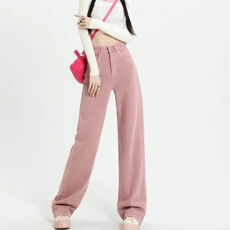 Women's Summer Dirty Pink High Waisted Wide Leg Jeans Straight Leg Loose Fit Versatile Slimming Long Pants