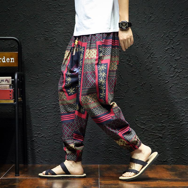 2023 Men's Autumn Cotton-Linen Floral Retro Large Size Slim-Fit Trousers