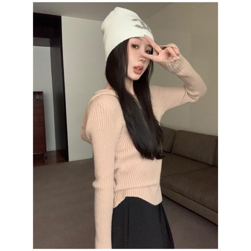 

Серый вязаный свитер с капюшоном женский осенне-зимний можно носить как базовую вещь, ленивый короткий топ One size fits all [recommended 80-60kg] хаки