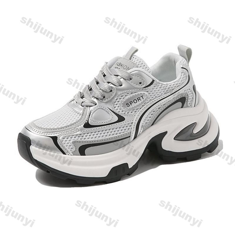 Women Breathable Mesh Chunky Platform Sneakers  Spring Leisure Comfort Thick Bottom Shoes Ladies Lace Up Sliver Casual Shoes