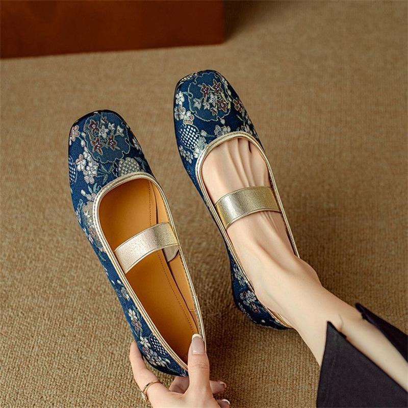 

Fashion Luxury Embroidered Low Heels Square Head Flats Women Elegant minimalist shoes Fashionable versatile Summer new soft-soled shoes 40 синий