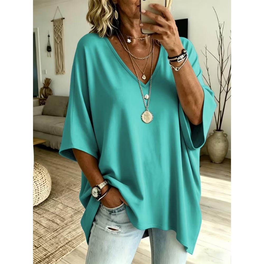 Women's plus size V-neck top, elegant and comfortable simple floral pattern print plus size women's V-neck T-shirt