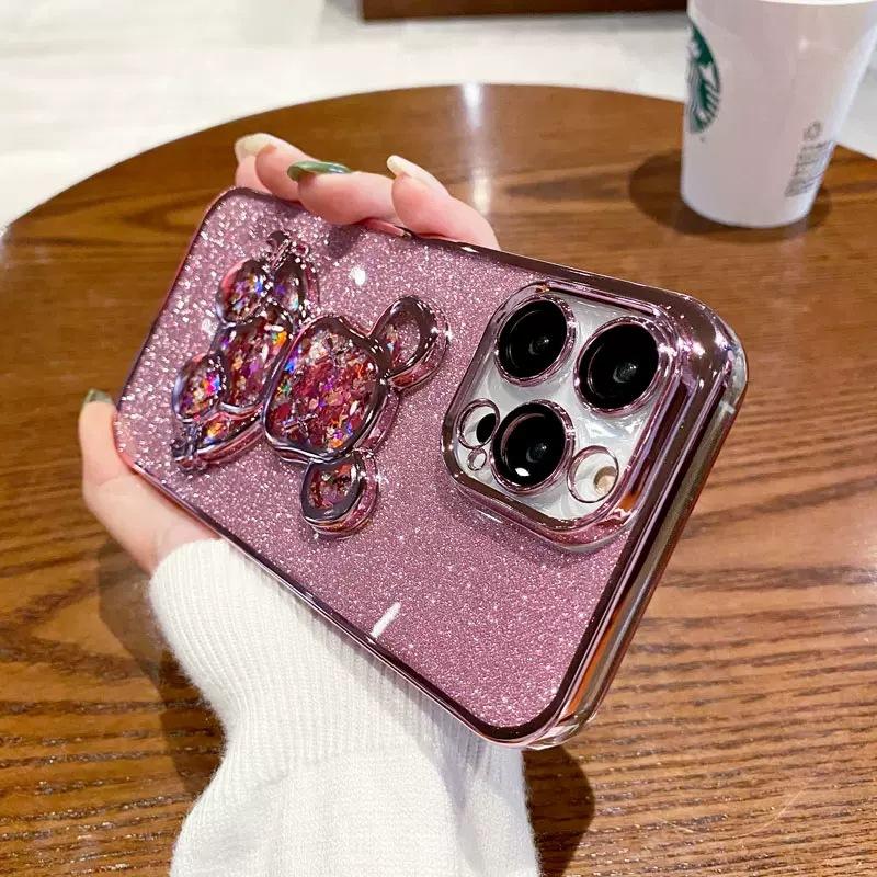 Electroplating quicksand violent bear is suitable for iPhone17 mobile phone case with glass lens film Apple 16 transparent soft case