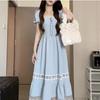 Summer new lace splicing square neck dress women's French design feeling waist and thin holiday style medium and long skirt