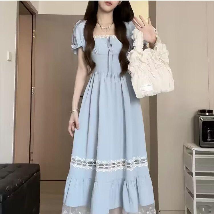 Summer new lace splicing square neck dress women's French design feeling waist and thin holiday style medium and long skirt