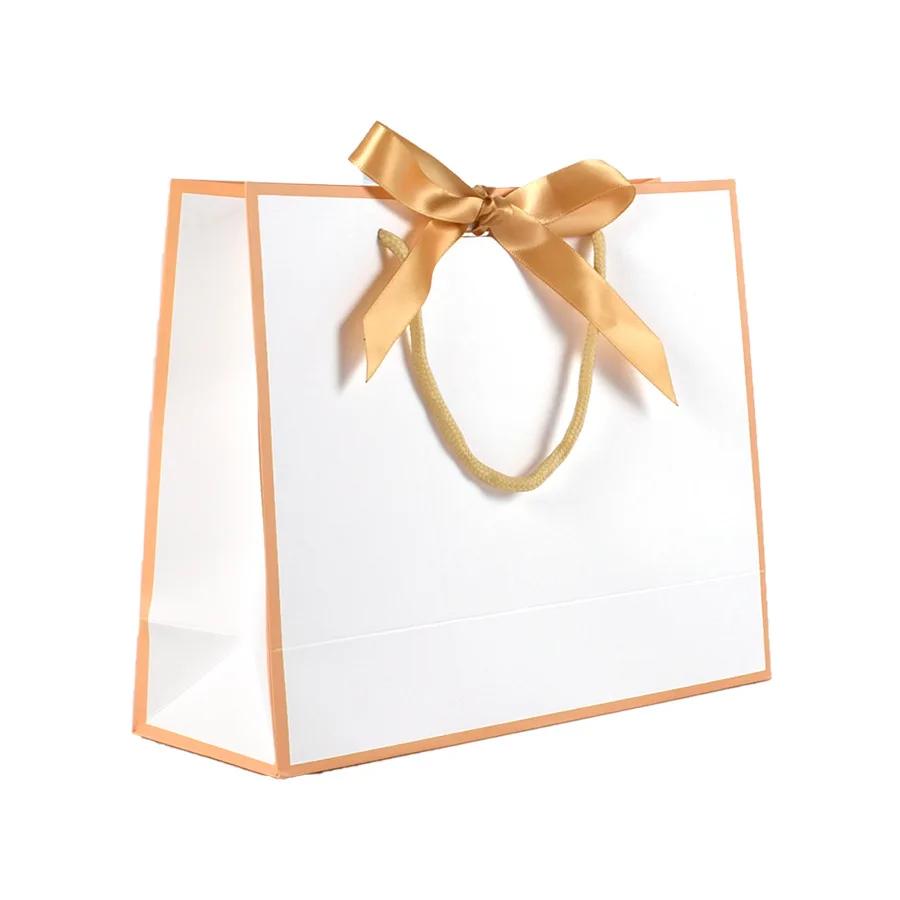 10/20Pcs White Bow Ribbon Gift Paper Bag Portable Clothing Handle Bag Convenient Present Wrap Bag Party Decorations Favors