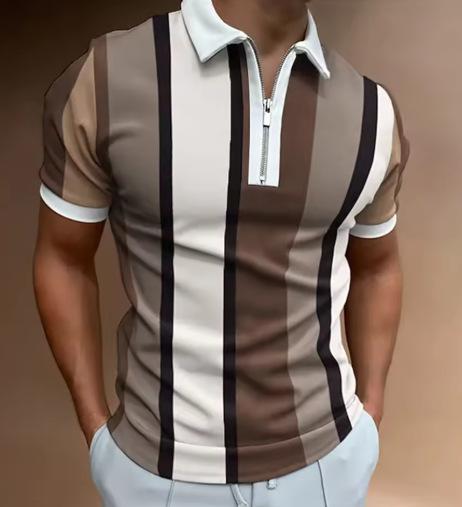 Men's short-sleeved polo shirt Casual business shirt with striped zipper Fashion 2025 summer new zipper polo shirt