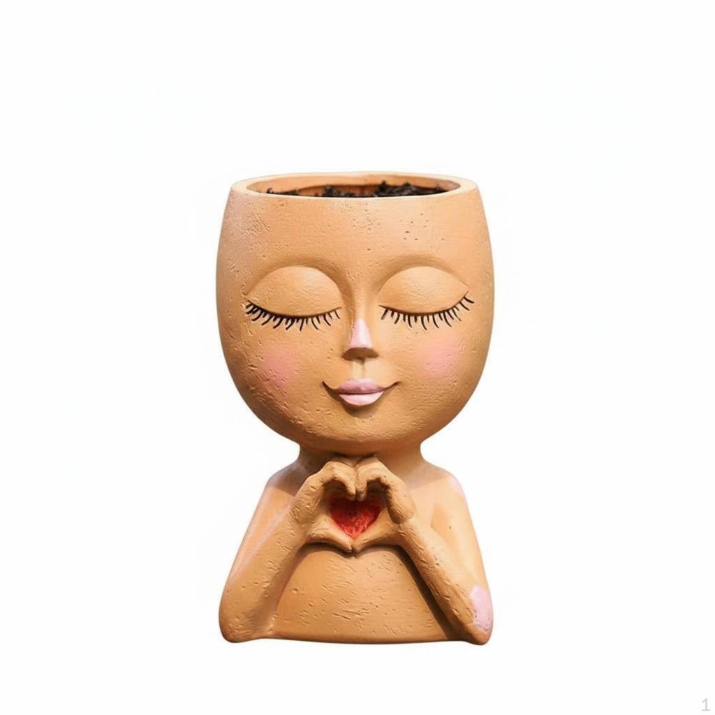 Cartoon Figure Planter Heart Shape Character Cute Design Resin Flower Pot White
