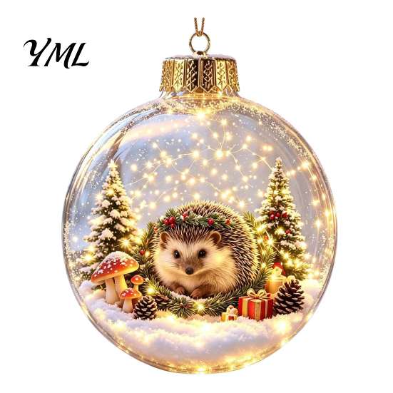 Warm Light Christmas Scenes 3D Animal Faux Crystal Ball Ornament, Lighted Acrylic Hanging Decor Indoor Party Accents with Hedgehog Penguin Panda, LED