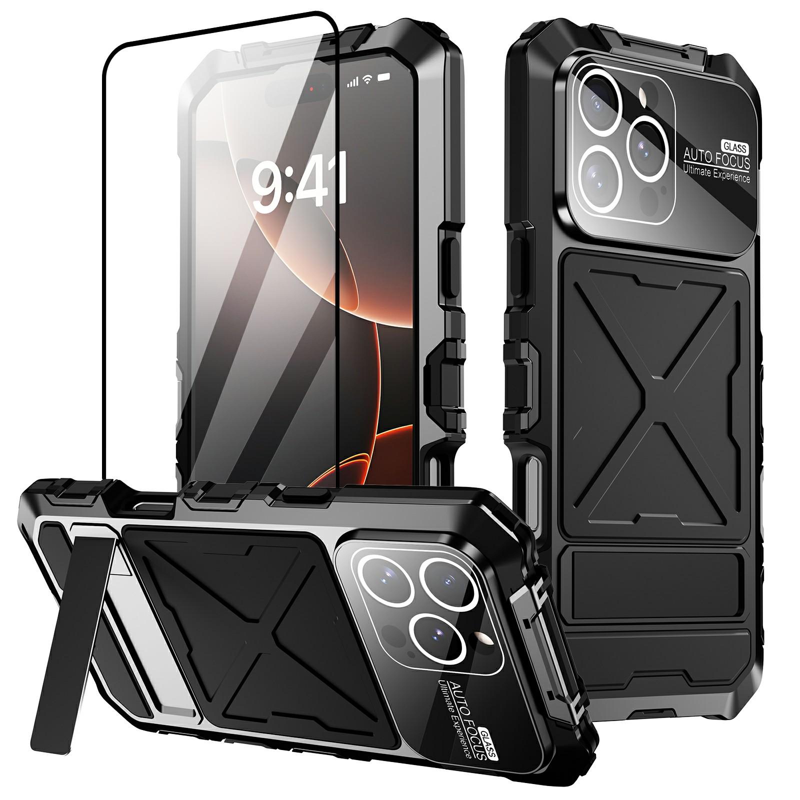 

For iPhone 16 Pro Case Silicone+Metal Kickstand Anti Drop Three-Layer Protection Cover Black