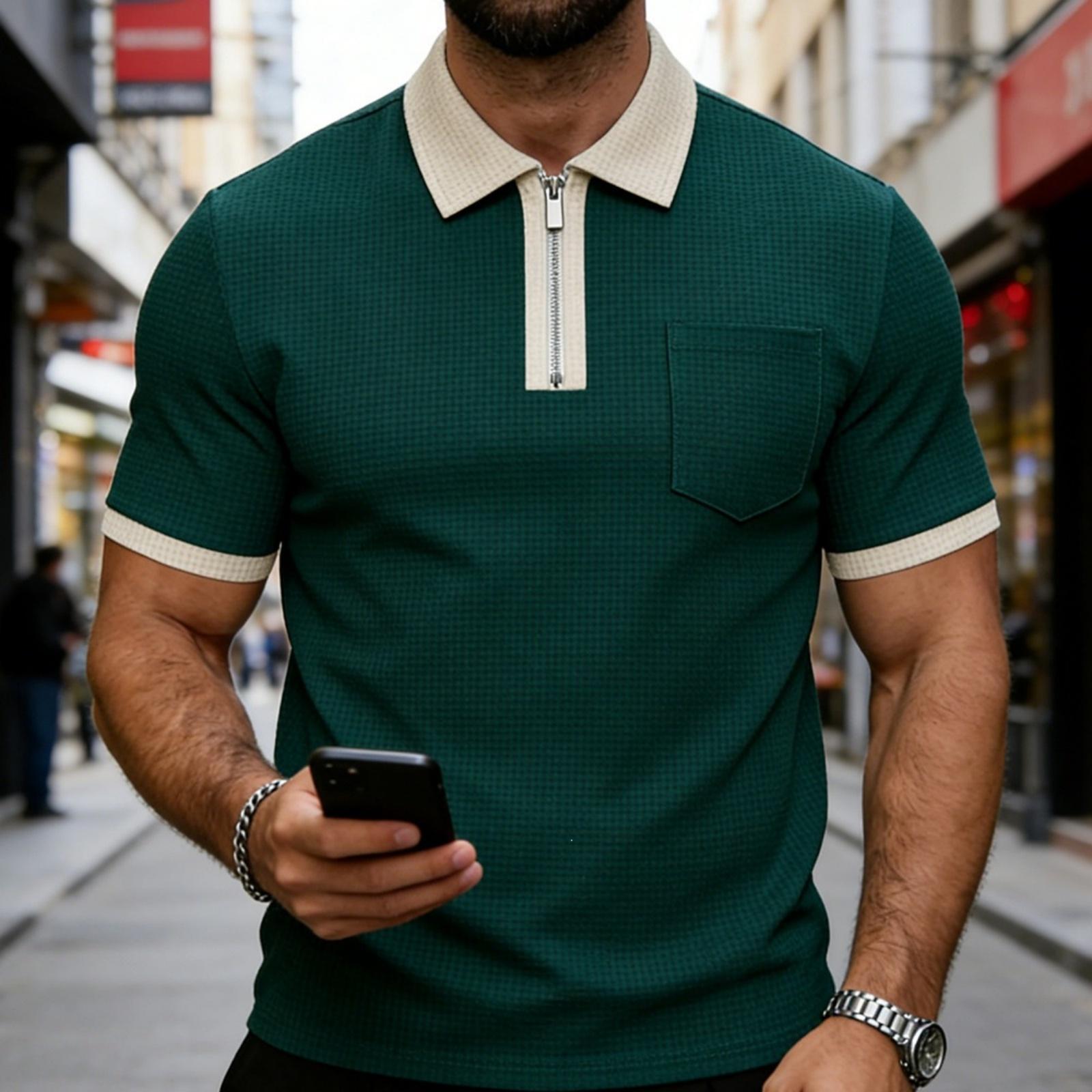 

Men s Short-sleeved Zipper Shirt Color-matched Collar Tie Chest Pocket Blouse M