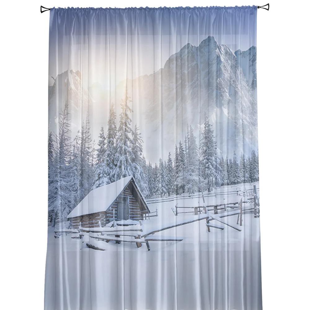 Winter Snow Mountain Morning Scenery House Tulle Curtains Living Room Bedroom Kitchen Decor Chiffon Sheer Voile Window Curtains