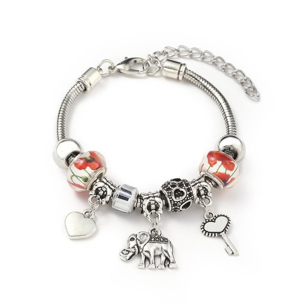 Vintage Handmade Alloy Large Hole Glass Bead Elephant Tree of Life Design Transparent Bracelet Multiple Styles Available