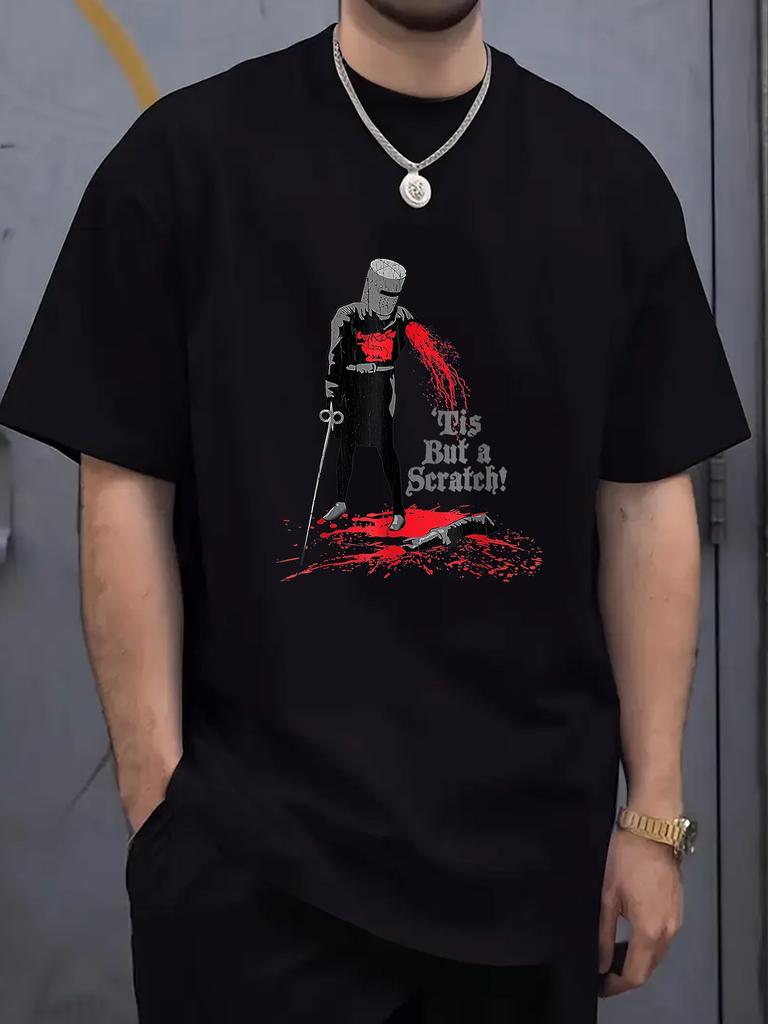 It's Just A Scratch T-Shirt Black Knight Graphic Tee with Red Blood Splatter Design Casual Round Neck Summer Shirt for Adults