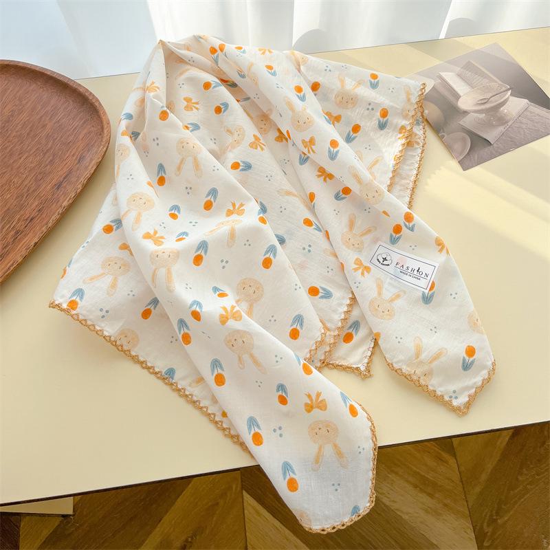 Women's Retro Floral Silk Cotton Scarf: Black Rice Square, Hair Band, Neck Warmer, Headscarf - Spring/Summer.