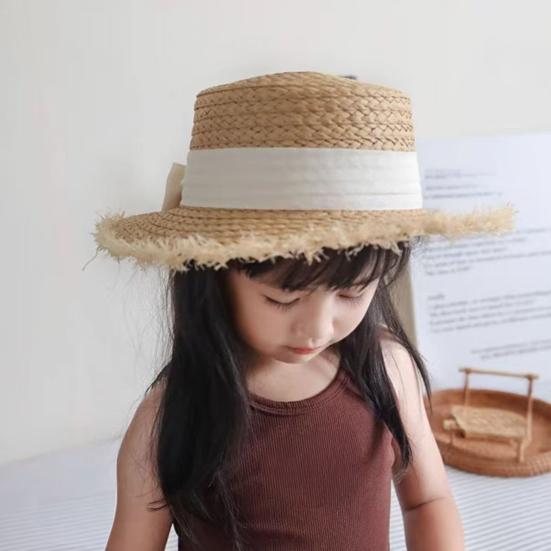 Children Straw Hat, Ribbon Bowknot Decor Wide Brim Beach Hat, Furry Trim Round Shape Summer Hat for Outdoor Play Travel