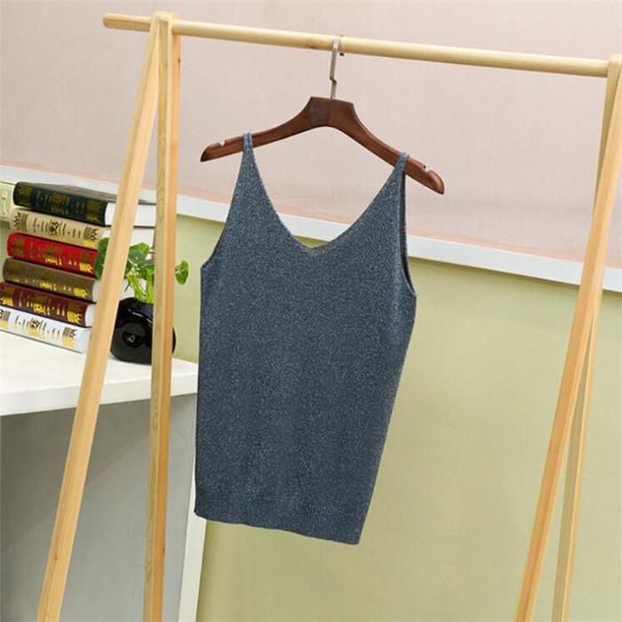 Summer Knitted Slim Sexy Top Tank Women Bright V Neck Sleeveless Vest Shirts Tops Tees