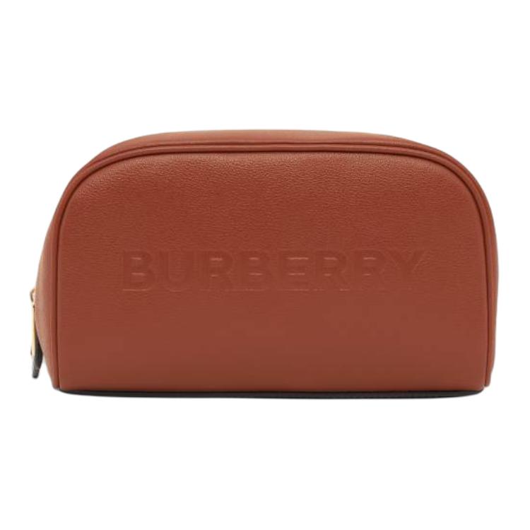 

Burberry Embossed Leather Cosmetic Pouch Brown Travel Toiletry Bag 80613641 Basic Set (Bag+Dust Bag)