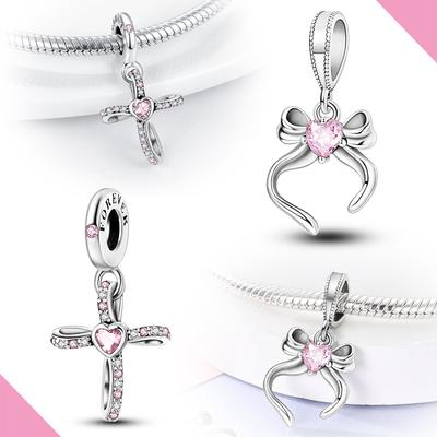 Original Charms Copper Cross Pink Bow With Heart Zircon Pendants Fit Bracelet Making For Woman Fashion Jewelry Gift