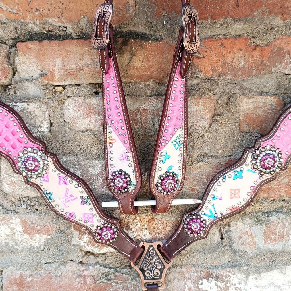 WILDRACE Premium Horse Show Saddle Tack Western Leather Headstall Breast Collar (Two Sets)