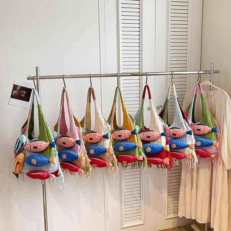 1 Pezzo Borsa a Shopper con Tagli a Contrasto Pesciolino Carino Borsa Lavorata a Maglia Rilassata Estiva Versatile per Pendolari Borsa a Spalla