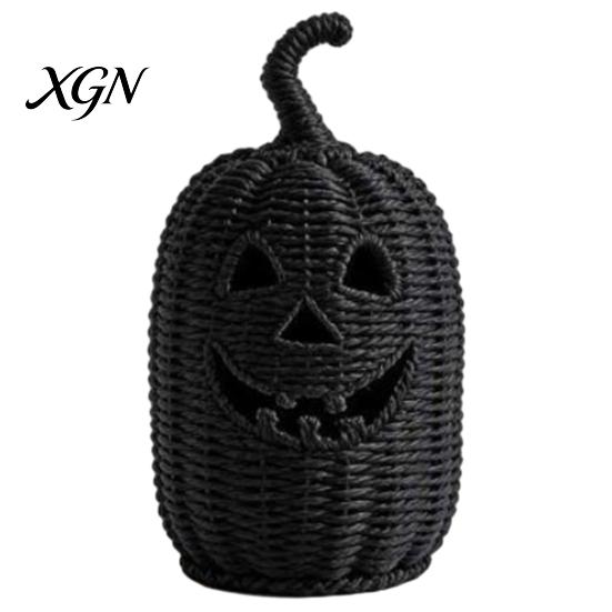 Seasonal Home Display Handwoven Pumpkin Basket with Witch Hat Lid, Rustic Wicker Trick Gothic Table Centerpiece or Treat Bucket for Indoor Outdoor