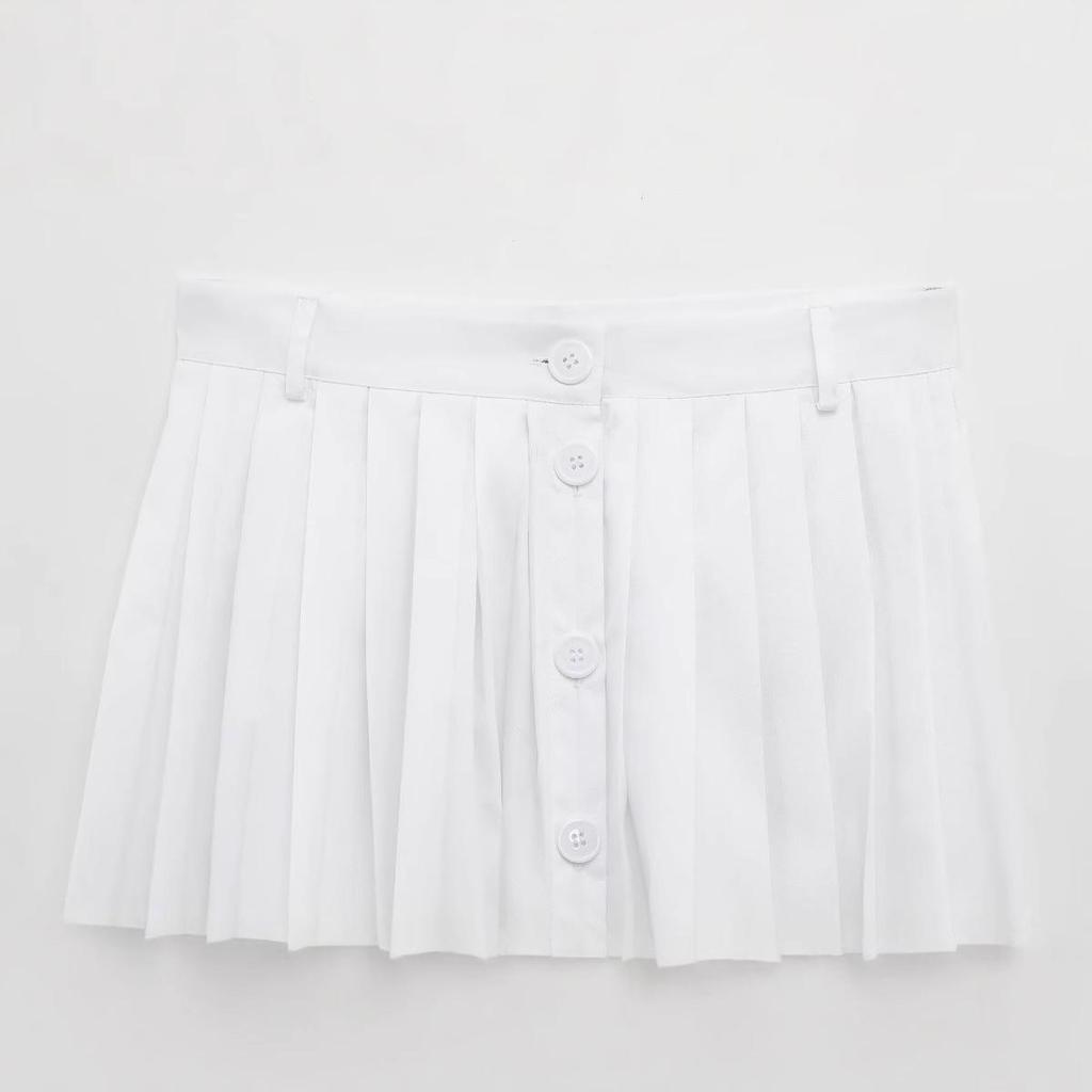 2025 Spring Women's European & American Style Pleated Midi Skirt with Strap Detail