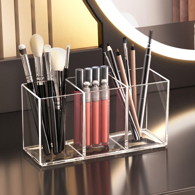 1pc Elegant Large Capacity Transparent Cosmetic Storage Box - Clear Makeup Organizer with 3 Compartments for Brushes, Lipsticks