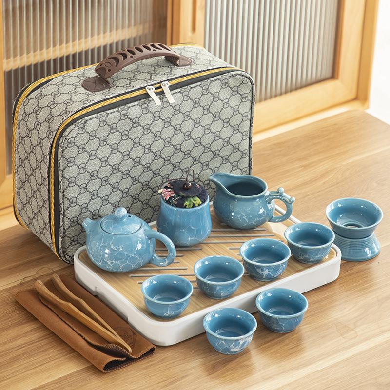 Travel ceramic Kung Fu tea set, tea tray, a full set of portable storage bags, practical business gifts for customers