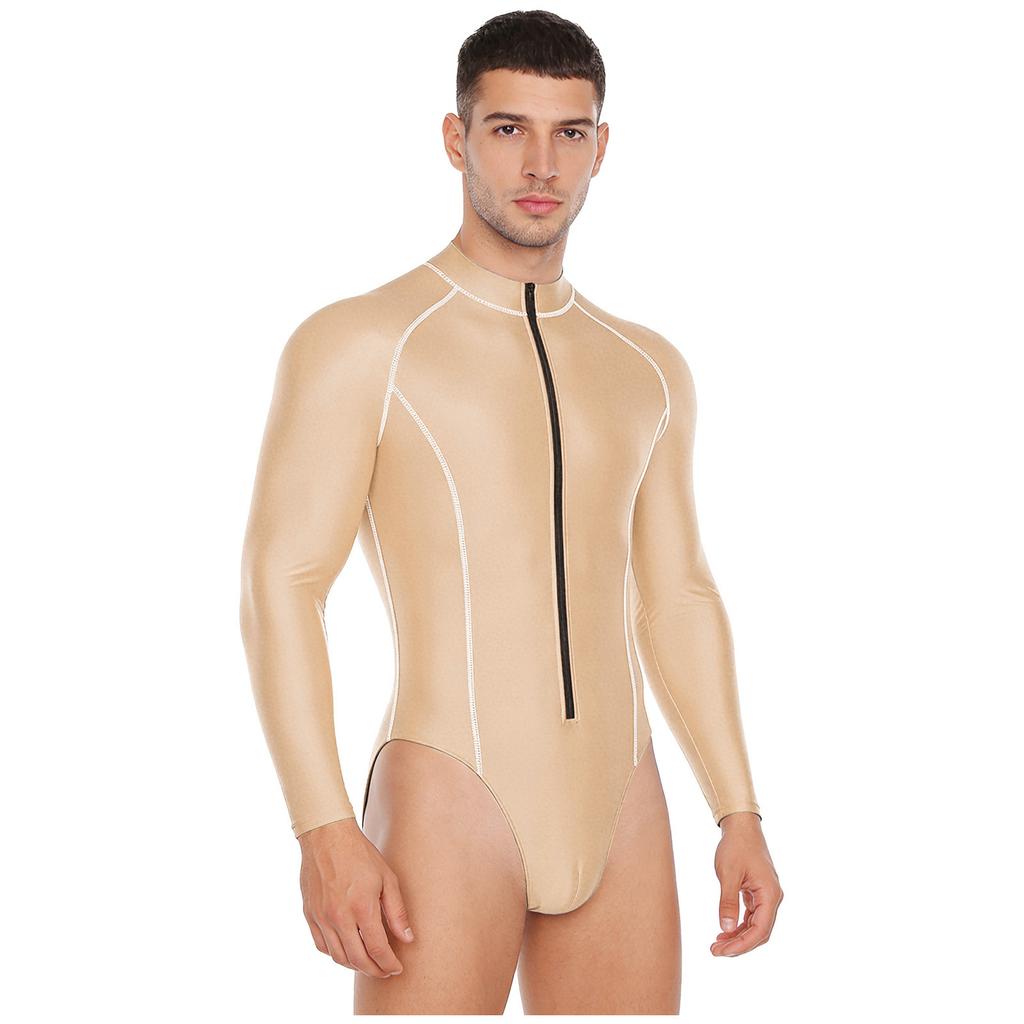 #M-4XL Mens Glossy Bodysuit Mock Neck Long Sleeve Front Zipper Leotard Jumpsuit Rash Guard for Beach Surfing Swimming Workout
