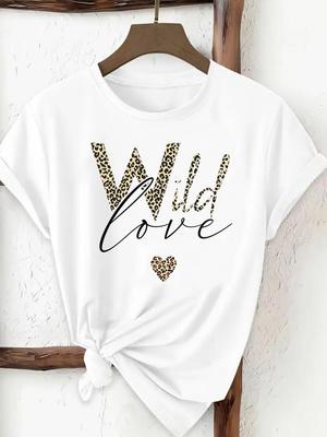 (Asiatische Größe) Tee Print Mode Top Damenbekleidung T-Shirt Frau Leopard Buchstaben Trend 90er Jahre Weiblich Kurzarm Grafik T-Shirts