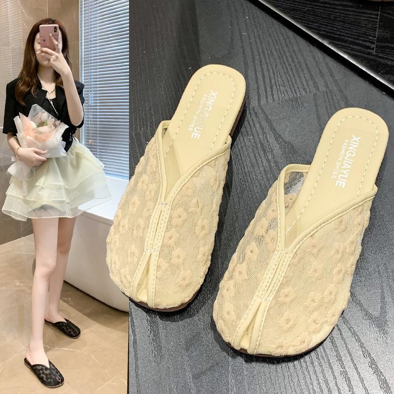 Baotou Cool Slippers Women's Summer Outer Wear Mesh Surface 2025 Lace Embroidery Soft Bottom Non-slip Mesh Surface Half Slippers Small Fragrant Wind