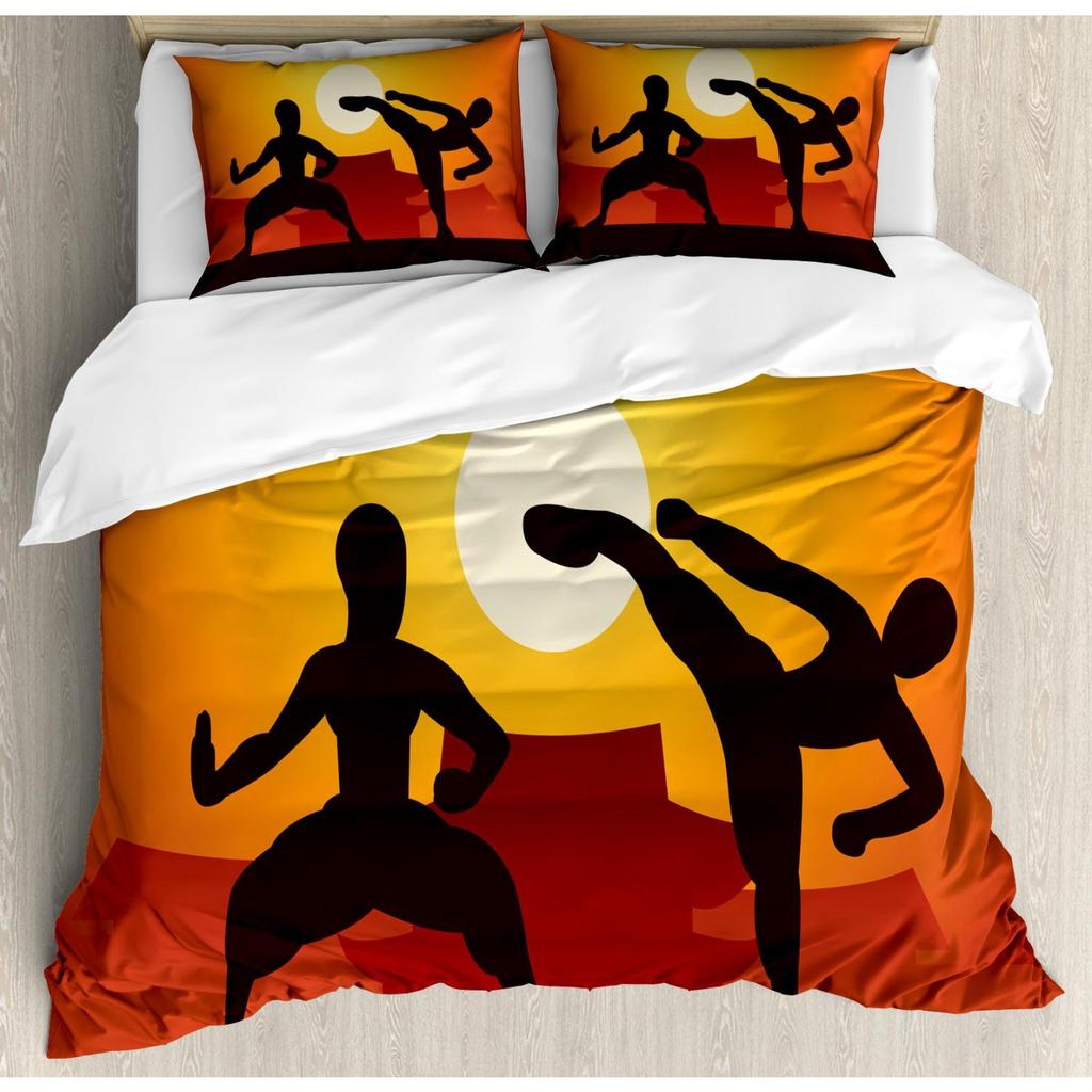 Chinese Kung Fu Polyester Duvet Cover Set Eastern Martial Art Sports Themed Cartoon Warrior In Traditional Clothes For Kids Teen