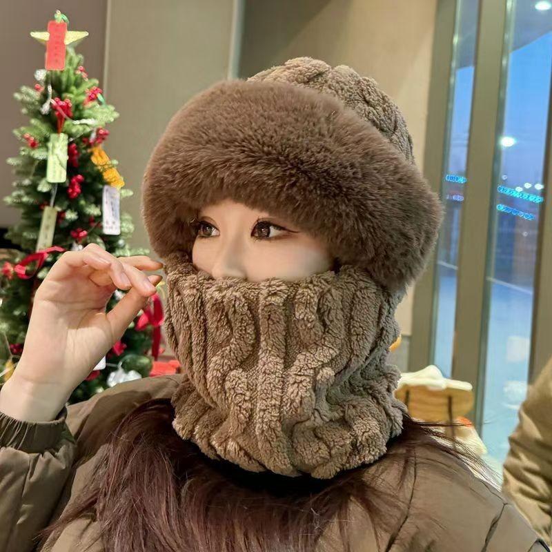 Cute bear hat mask integrated women's autumn and winter cycling to keep warm new rabbit hair windproof hat children's scarf