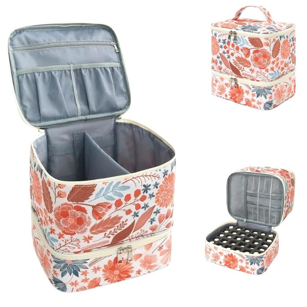 Double Layer Nail Polish Storage Bag Large Capacity Floral Print Nail Lamp Case Detachable with Handle Makeup Bag