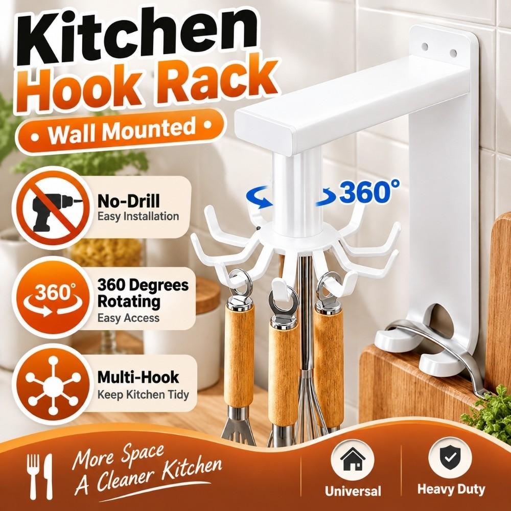 Wall Mounted Utensil Organizer 360 Degrees Rotating Kitchen Storage Rack Kitchen Hook Rack  Kitchen